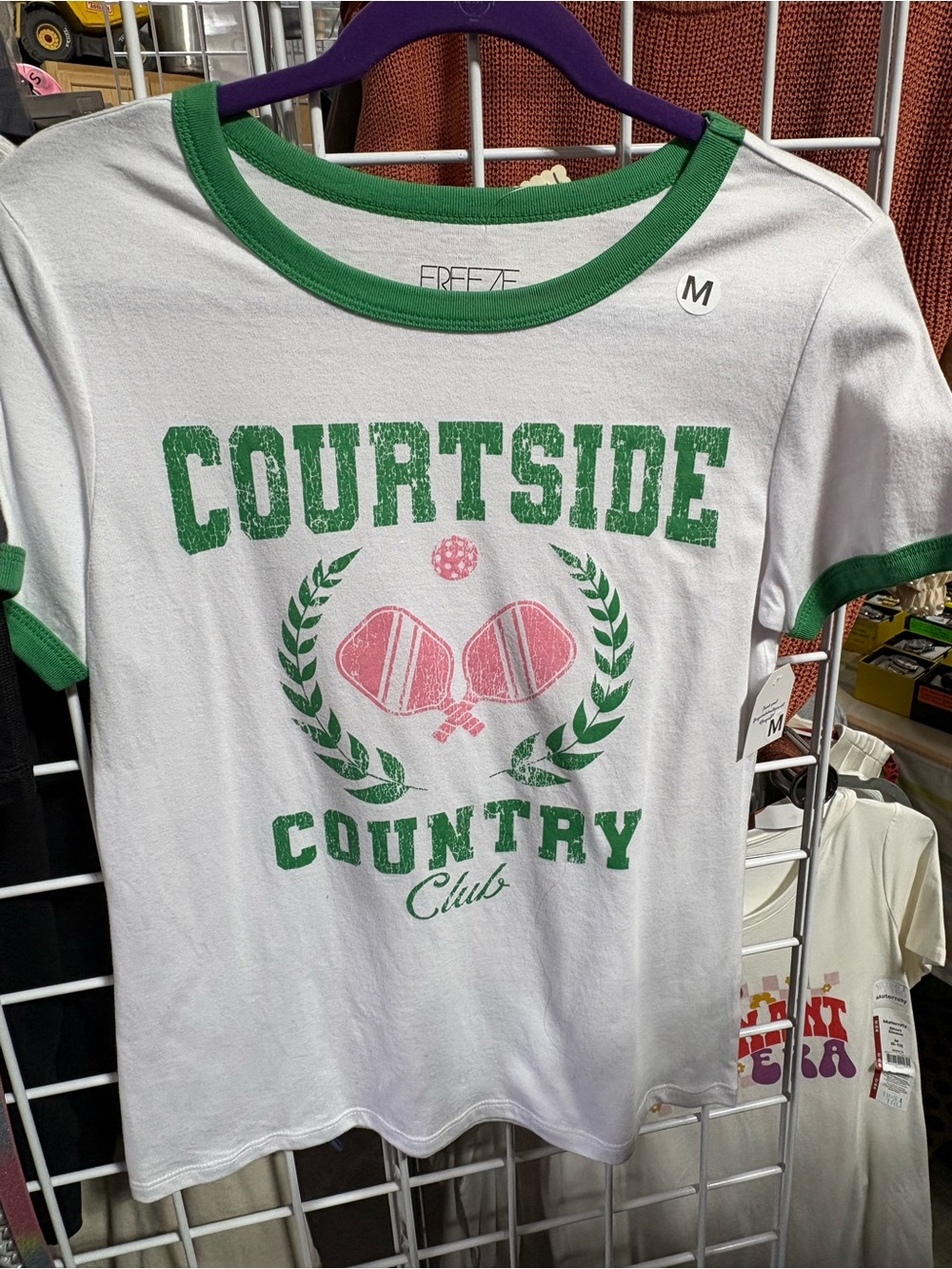 Ringer Tee with Green Trim and Pink pickleball Courtside Graphic